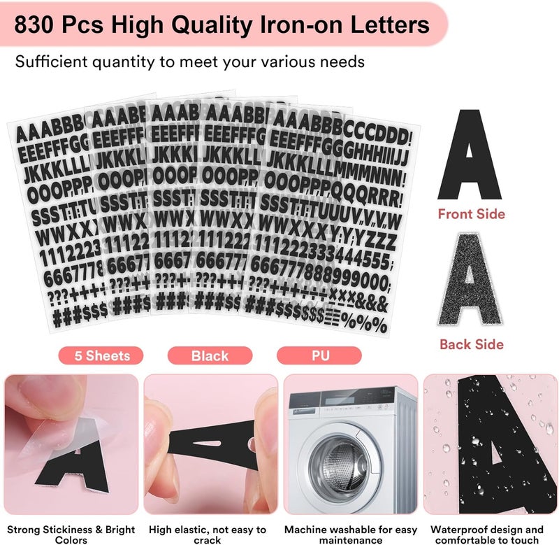 Comkrivy 5 Sheets 830 Pieces Iron on Letters and Numbers for Clothing, 1 Inch Iron on Vinyl Letters with A-Z Heat Transfer Letters 0-9 Iron on Numbers PU Alphabet Stickers for T-Shirt Printing DIY Craft, Black - Image 3
